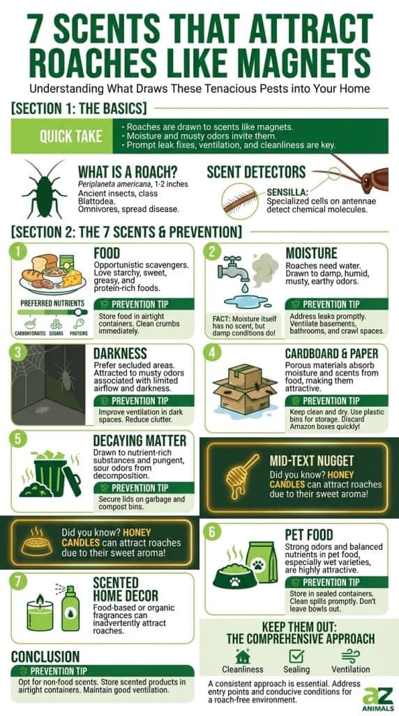 An infographic titled '7 Scents That Attract Roaches Like Magnets' visually details various attractants such as food, dampness, darkness, cardboard, decaying matter, pet food, and scented home decor. Each section includes a prevention tip, and a special note highlights how honey candles can attract roaches due to their sweet aroma.