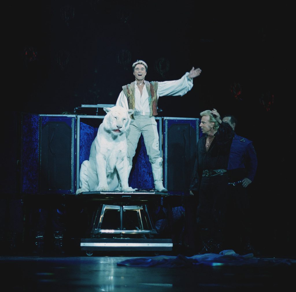  Illusionists Siegfried (right) and Roy and friends onstage at the Mirage Hotel, Las Vegas, Nevada, just months prior to Roy Horn's career-disabling mauling by a white tiger in 2003