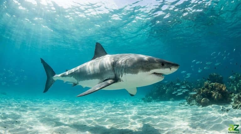 A great white shark swims underwater in clear blue water with sunlight streaming from the surface. Small fish and coral are visible in the background.