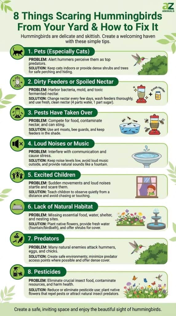 Infographic outlining 8 problems scaring hummingbirds from yards and their solutions, including pets, dirty feeders, pests, loud noises, excited children, lack of habitat, predators, and pesticides. Each point features a problem, a solution, and an illustrative icon.