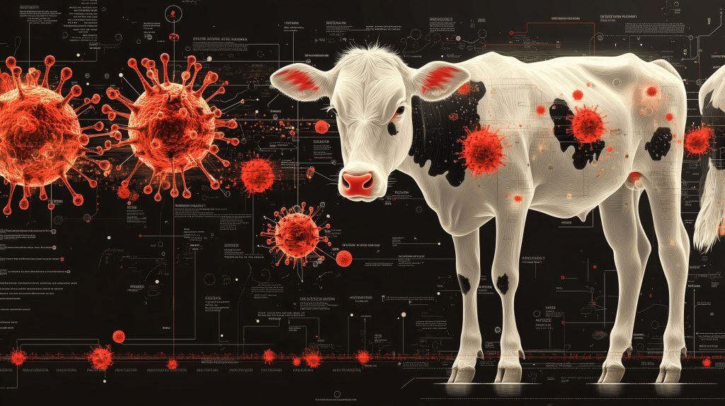 diagram of a cow with red bumpy spheres around it.