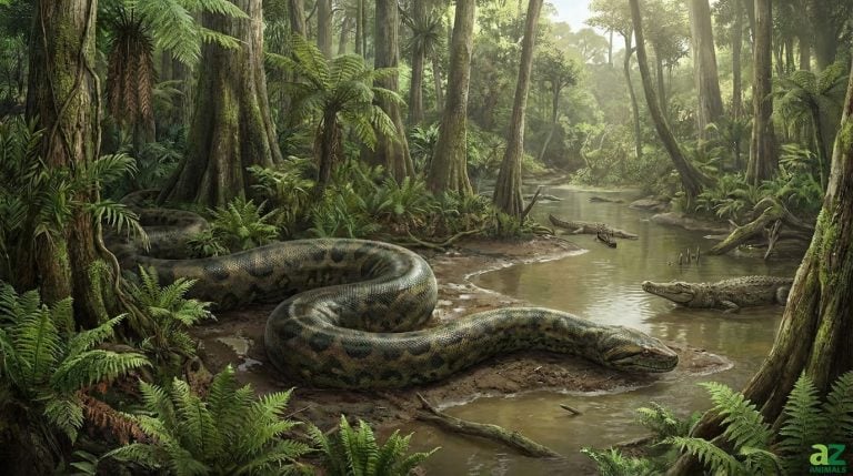A giant prehistoric snake with a thick, patterned body slithers along a muddy riverbank in a dense tropical jungle with crocodiles nearby.