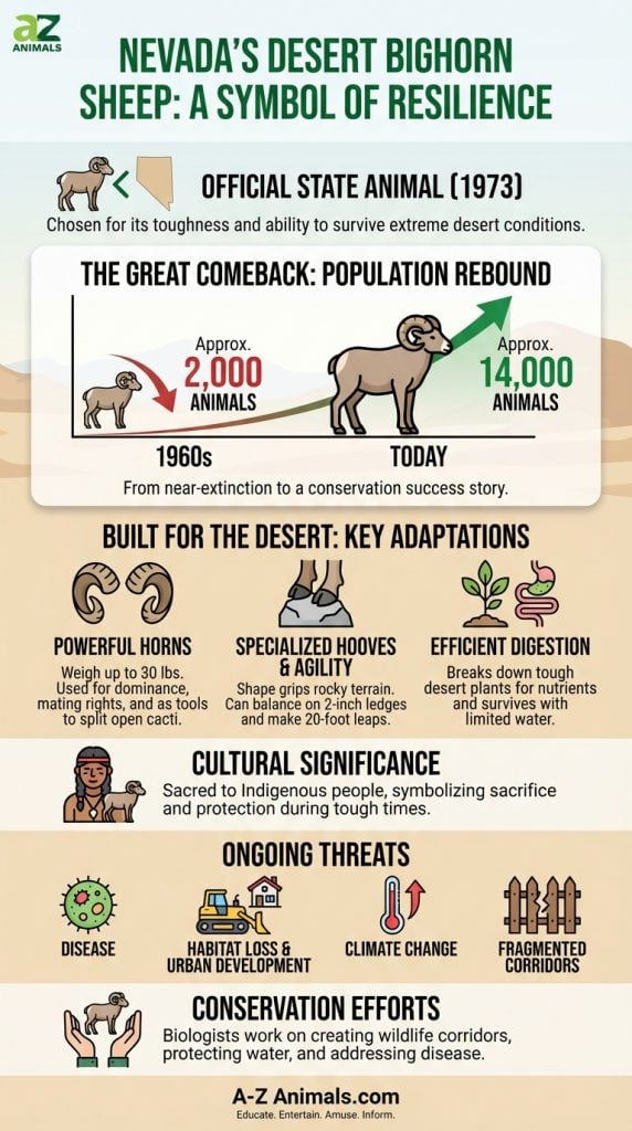 Educational infographic about Nevada's desert bighorn sheep, showing their population rebound from the 1960s to today and their unique physical adaptations for desert survival.