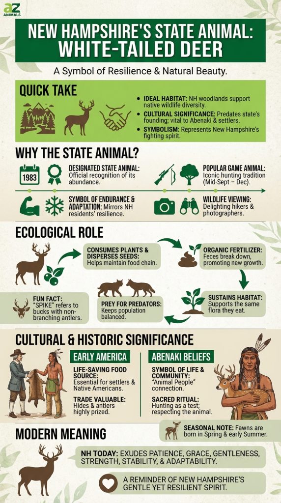 An educational infographic about the white-tailed deer in New Hampshire, featuring sections on its ecological role, cultural history with Abenaki and settlers, and modern symbolism.
