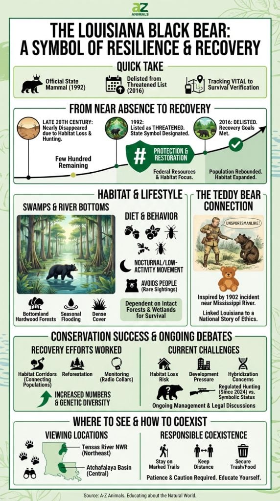 An educational infographic about the Louisiana black bear featuring a recovery timeline, a habitat illustration of a bear in a cypress swamp, and conservation data.