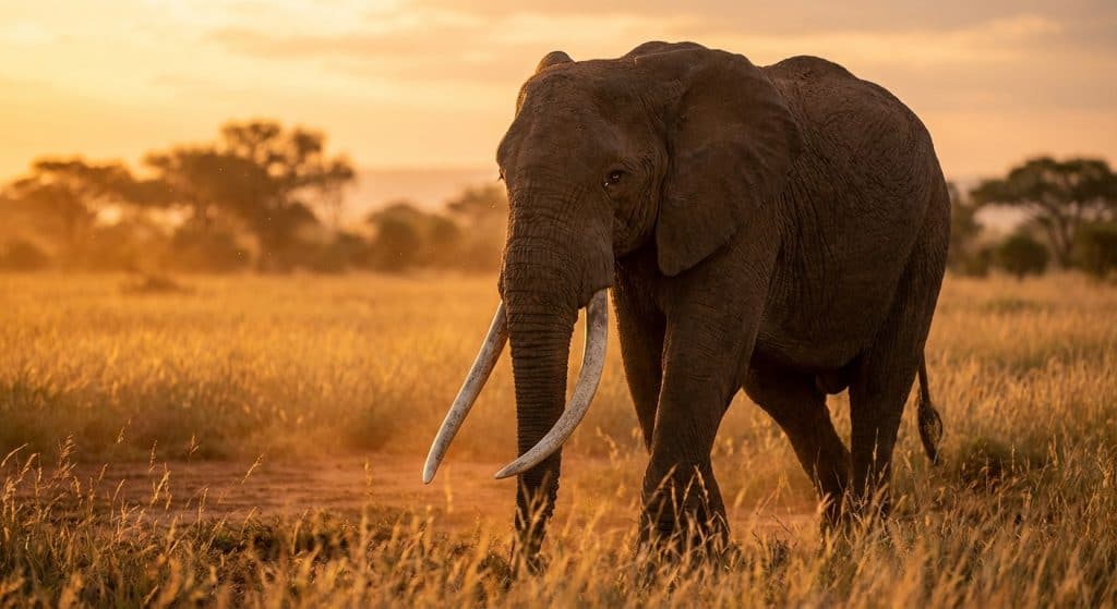 A large African elephant with ground-grazing tusks walks through a field of tall golden grass during a warm sunset.