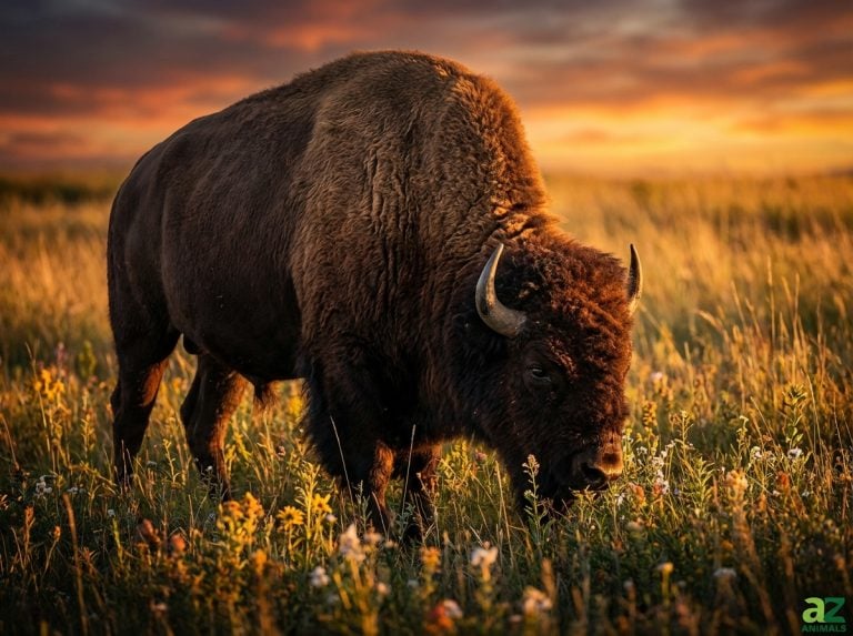 A large American bison grazes in a field of tall grass and wildflowers during a golden sunset, with light catching the texture of its shaggy coat.