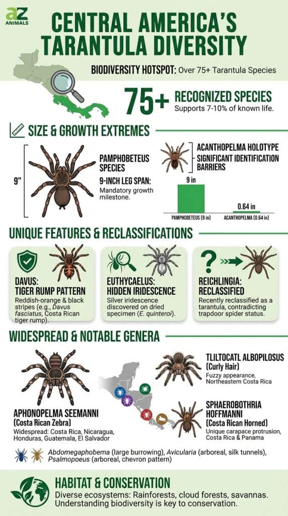 A detailed infographic showing various tarantula species from Central America, including a size comparison chart, a geographic distribution map, and illustrations of spiders with unique markings like stripes and horns.