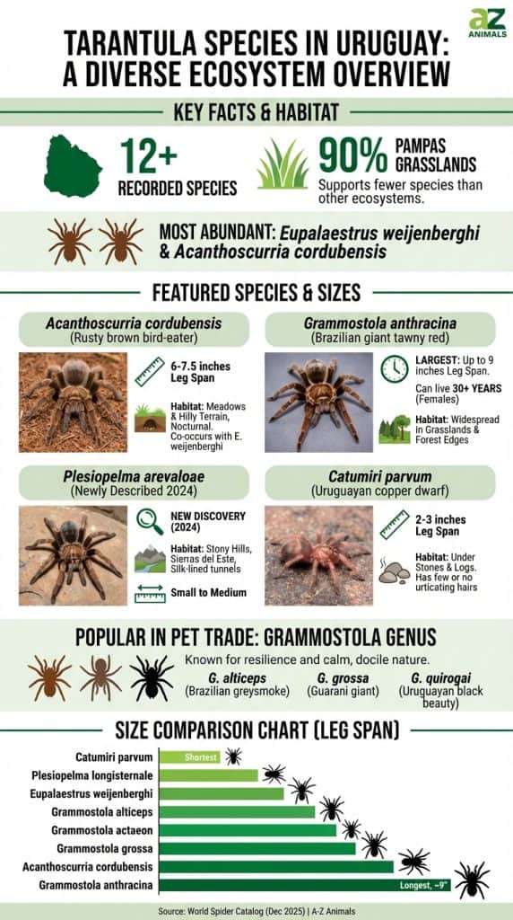 An educational infographic about Uruguay's tarantulas featuring species photos, habitat icons, and a size comparison chart ranging from 2 to 9 inches.