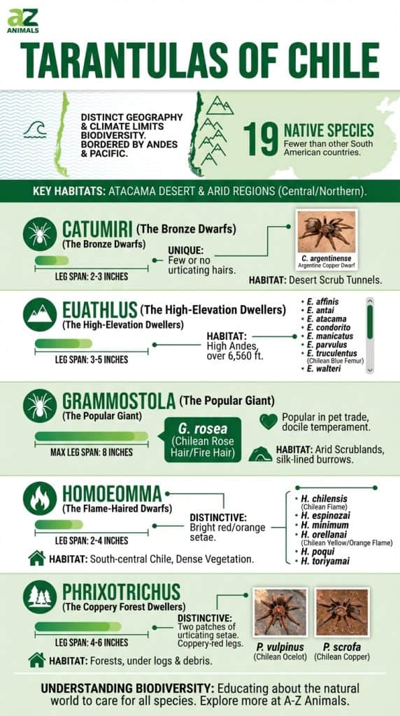 A detailed infographic showcasing Chilean tarantulas with sections for different species, including leg span charts, habitat maps, and photos of spiders like the Chilean Rose Hair and Chilean Copper.