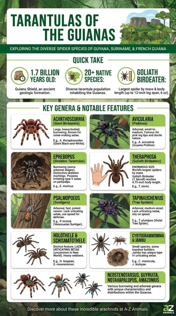An educational infographic showing various tarantula species of the Guianas with detailed illustrations, scientific names, and facts about their size and behavior.