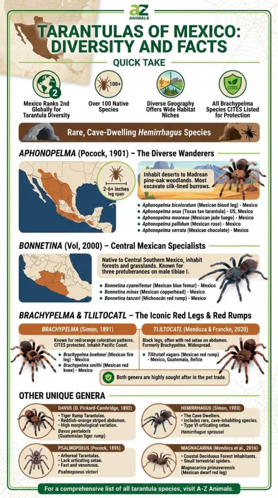 A detailed infographic showcasing Mexican tarantula diversity with maps, spider photos, and species facts.