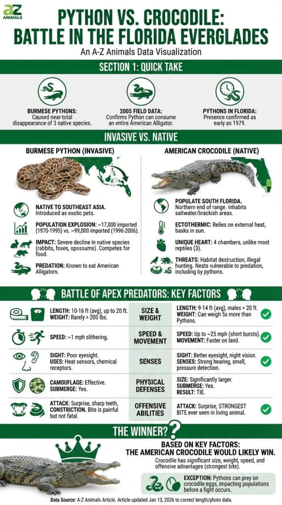 An infographic titled Python vs. Crocodile showing biological comparisons and a battle breakdown between the two apex predators in the Everglades.