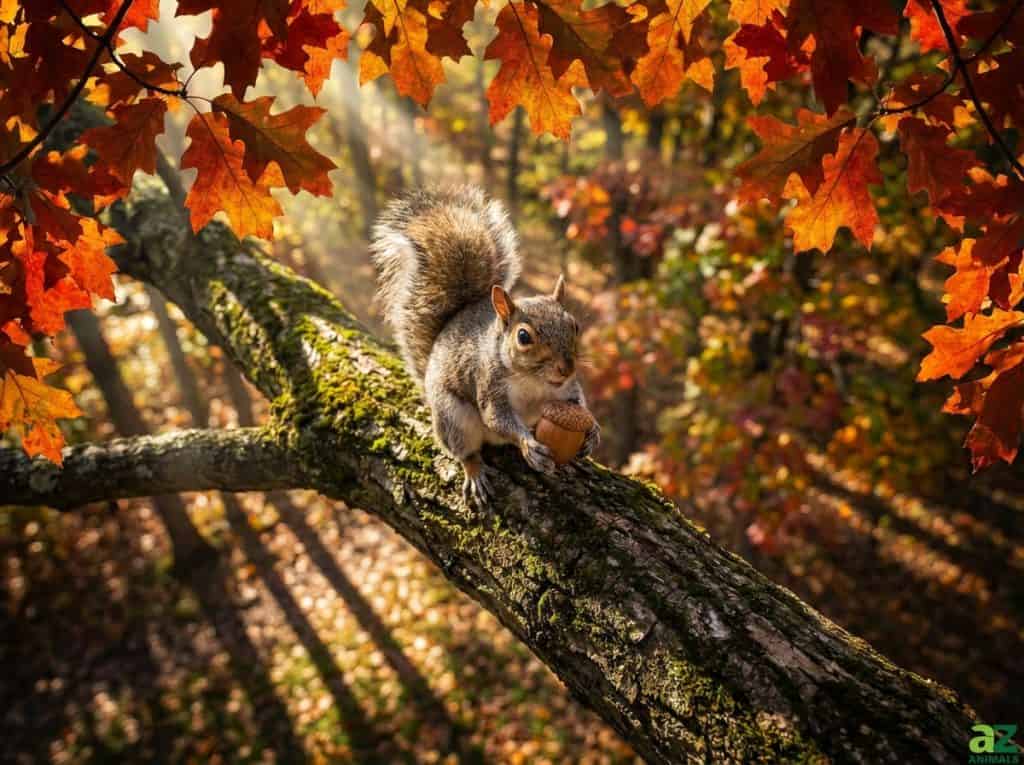 A fluffy gray squirrel sits on a mossy branch holding an acorn, surrounded by glowing orange autumn leaves and golden sunlight.