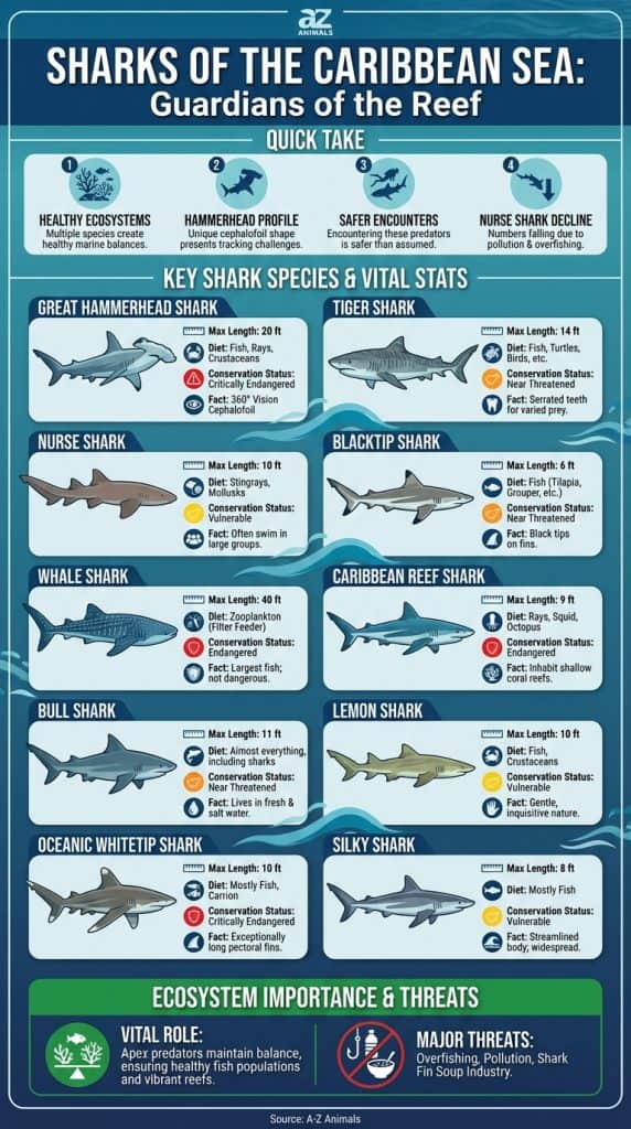 An infographic showing various Caribbean shark species with their lengths, diets, and conservation statuses, emphasizing their role as apex predators.