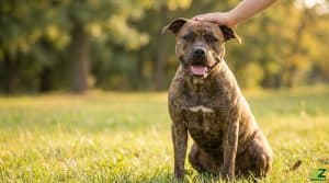 A brindle pit bull with brown and black striped fur sits in a green field while a person's hand reaches down to pet its head.