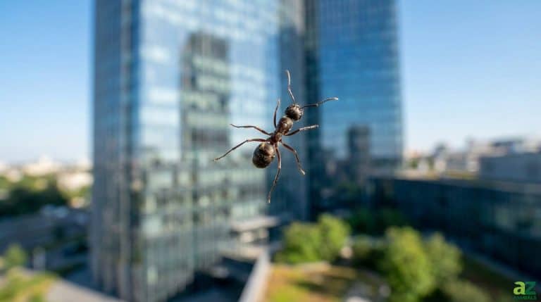 A close-up of an ant crawling on a glass window with a blurred high-rise city building in the background.
