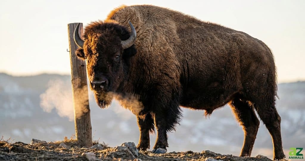 A majestic American bison stands on a rocky hill at sunrise, its breath steaming in the cold air as it looks toward the camera.