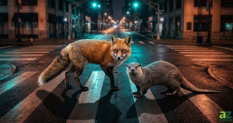 A fox and an otter stand together on a city street crosswalk illuminated by glowing blue and orange lights at night.