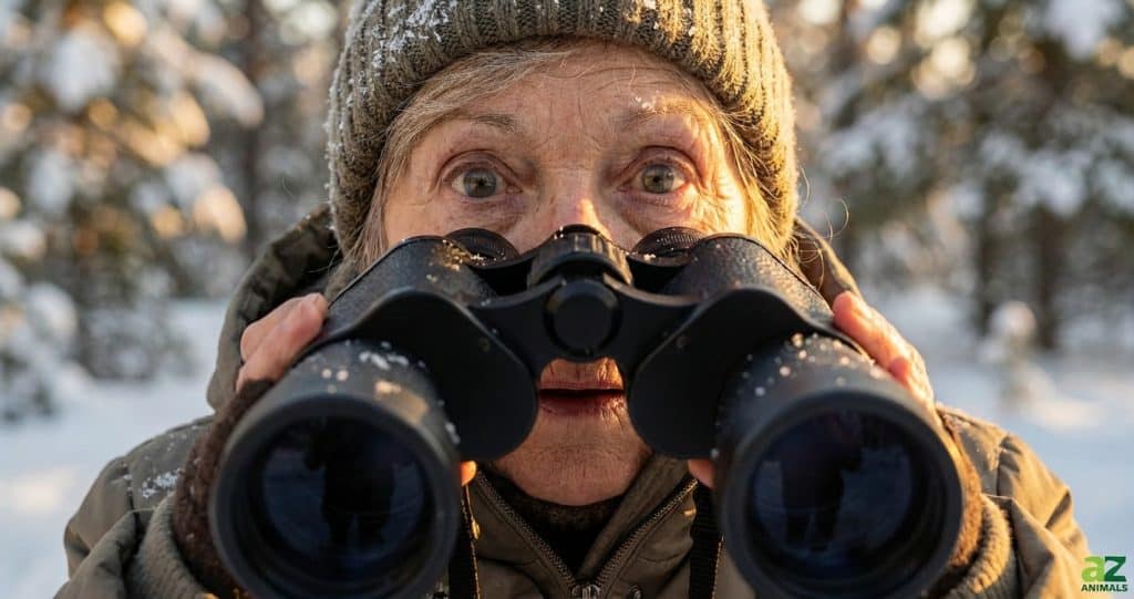 An older woman looks intensely through binoculars in a snowy forest at sunset, with snow resting on her green knit hat.