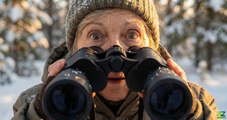 An older woman looks intensely through binoculars in a snowy forest at sunset, with snow resting on her green knit hat.