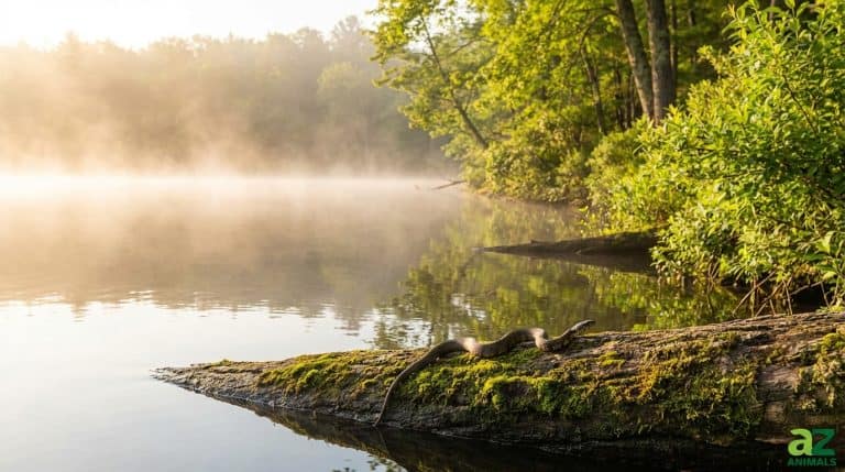 A snake basks on a mossy log in the foreground of a tranquil, misty lake at dawn.