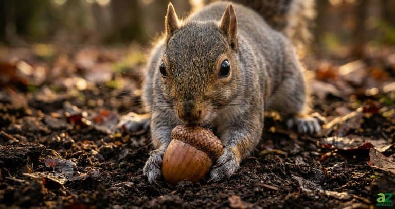 A close-up of a gray squirrel on the forest floor holding a large acorn in its paws with soft sunlight in the background.