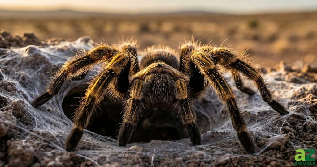 A large, hairy tarantula with golden bands on its legs stands over its silk-lined burrow in a blurred desert landscape.