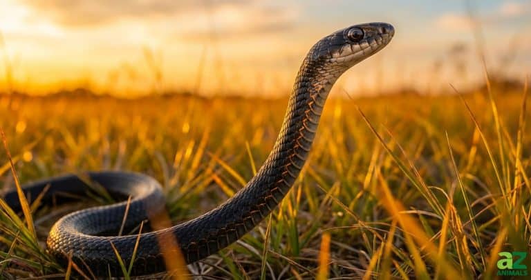 A black snake with a raised head surveys a golden field during a warm, bright sunset.