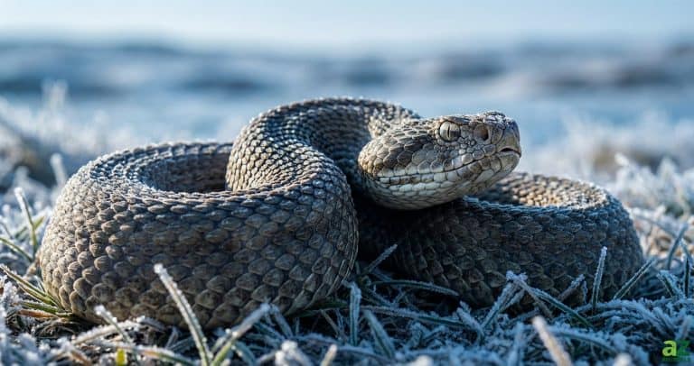 A thick viper with textured scales is coiled on top of frost-covered grass against a blurred blue background.