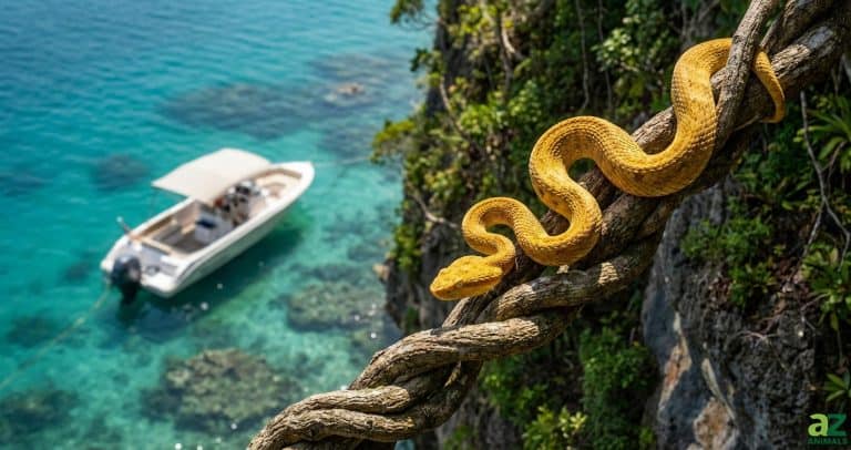 A golden-yellow snake rests on a thick vine overlooking a white boat in a turquoise tropical bay.