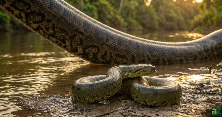 A green anaconda coiled on a muddy bank with a massive snake body arching over the water in a jungle setting.