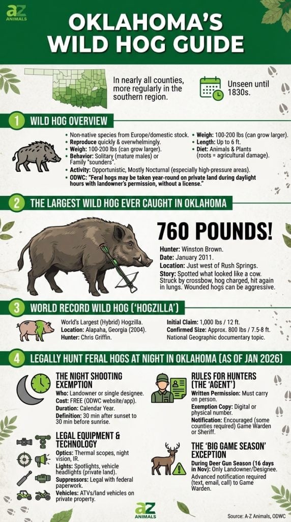 An infographic guide about wild hogs in Oklahoma featuring a map of the state, an illustration of a giant 760-pound hog, and hunting gear icons.