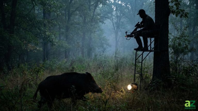 A hunter sits in a tree stand with a crossbow overlooking a large wild hog in a dark, misty forest.