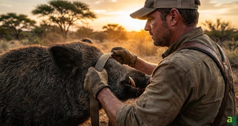 A close-up shot of a man in work gear adjusting a strap on the head of a massive wild hog during a golden sunset in a brushy field.