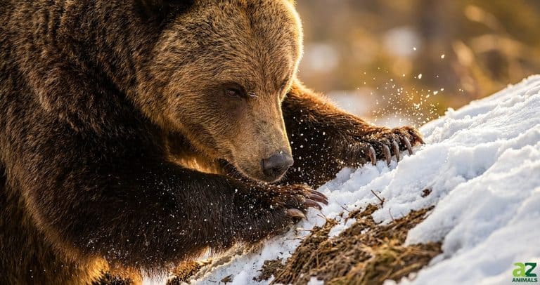 A brown bear digs into a snowy hillside with its powerful claws under golden sunlight.