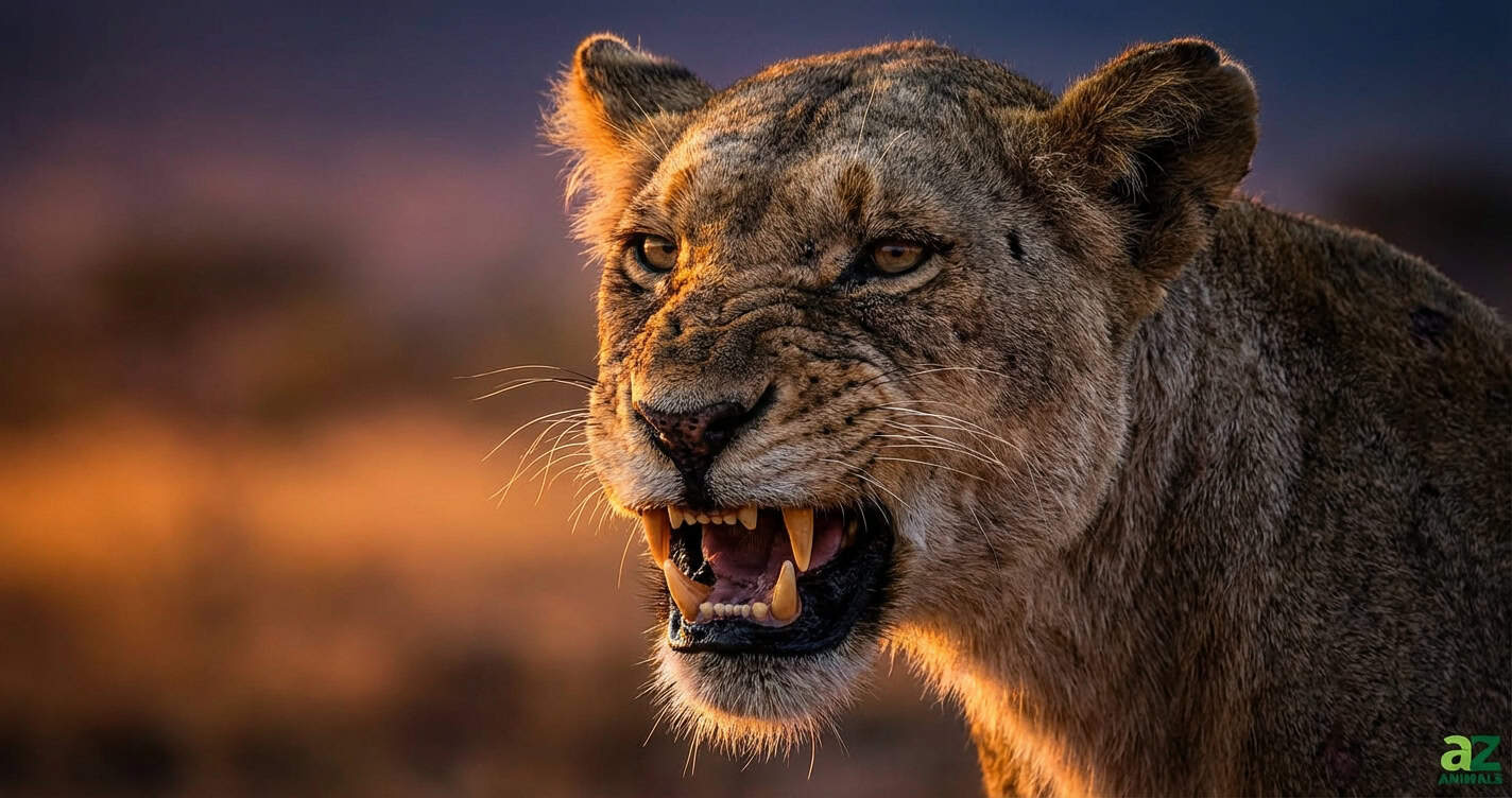 A close-up of a snarling lioness with her mouth open and teeth bared, illuminated by warm golden sunlight against a dark, blurred background.
