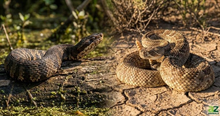 A side-by-side comparison of a dark cottonmouth snake in a swampy habitat and a tan rattlesnake coiled on dry, cracked ground.