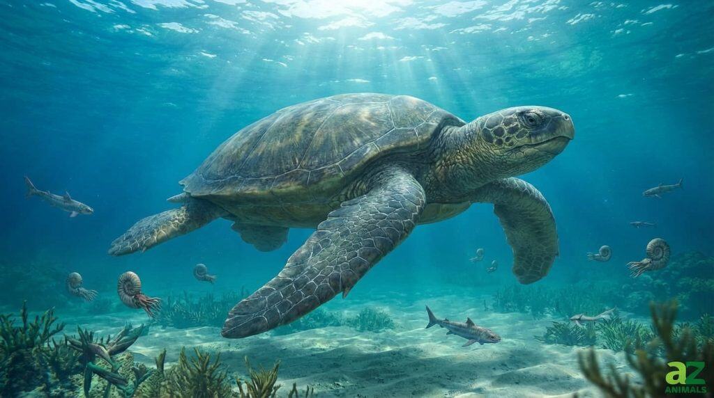 A large prehistoric sea turtle swims in a bright underwater environment with ammonites and small sharks.