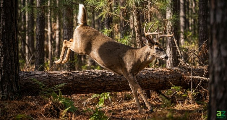 A male white-tailed deer with large antlers leaping over a fallen log in a pine forest during the day.