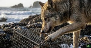 A close-up of a gray wolf using its paw to steady a wire crab trap on a rocky beach while sniffing for bait inside.