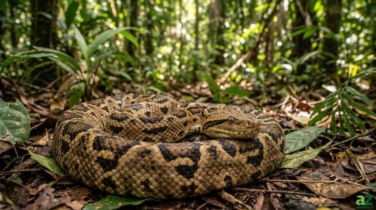 A large, patterned viper coiled on the floor of a sun-dappled tropical rainforest.
