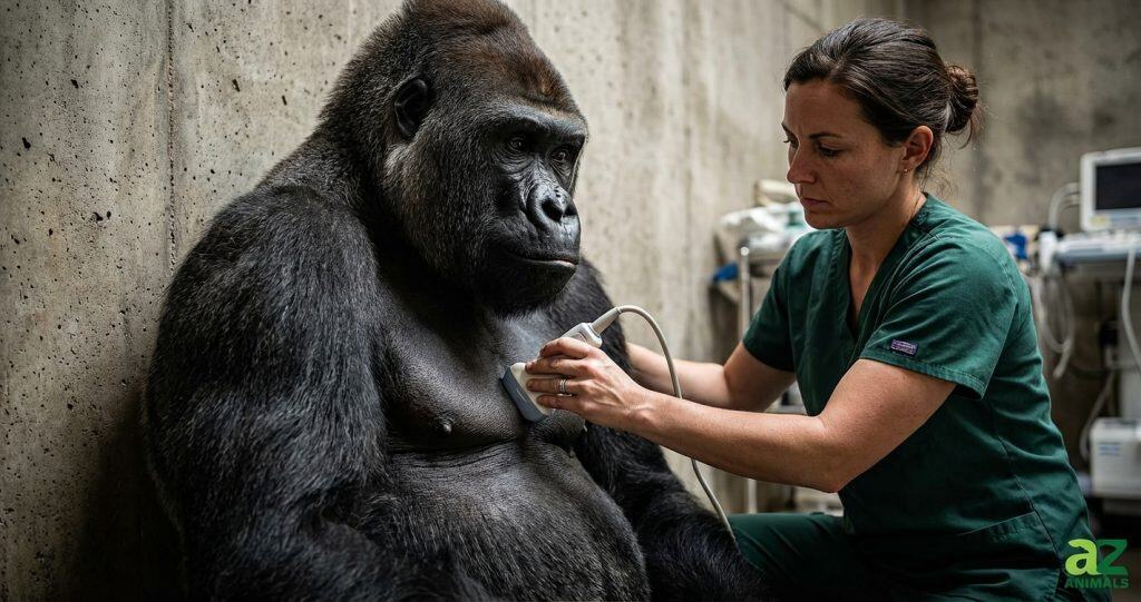 A veterinarian in green scrubs uses an ultrasound probe on the chest of a large, seated gorilla in a medical setting.
