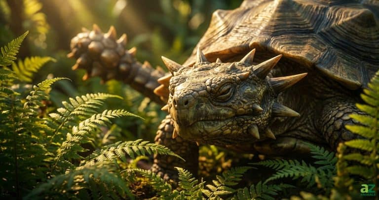 A close-up of a prehistoric turtle with a spiked head and shell standing in a sunlit fern forest.