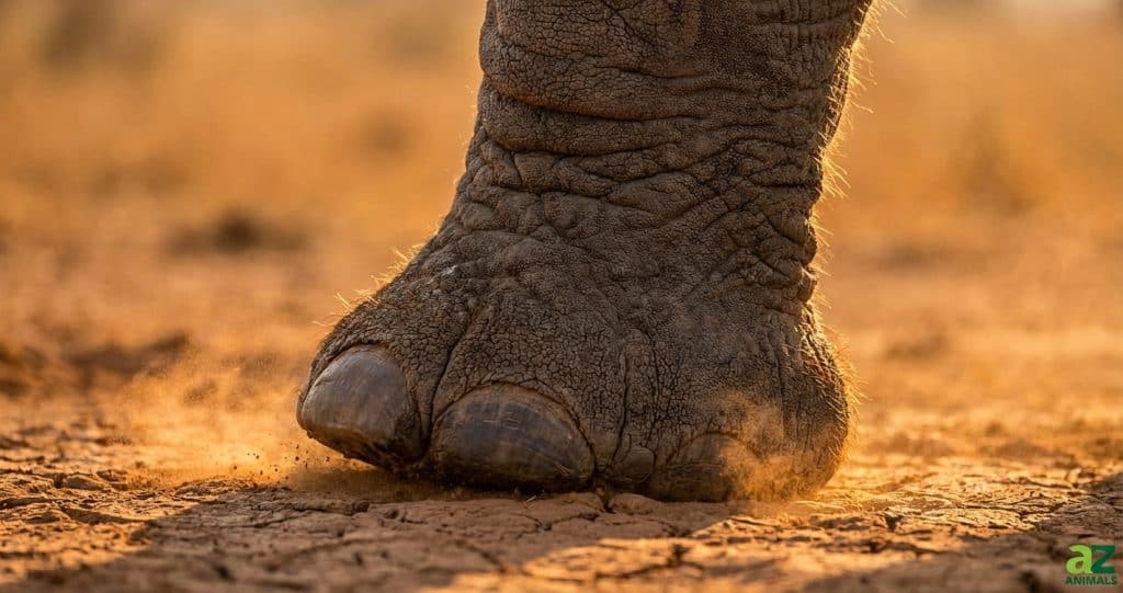 A detailed close-up of an elephant's foot stepping on dry, cracked savanna soil, kicking up dust in the golden light of sunset.