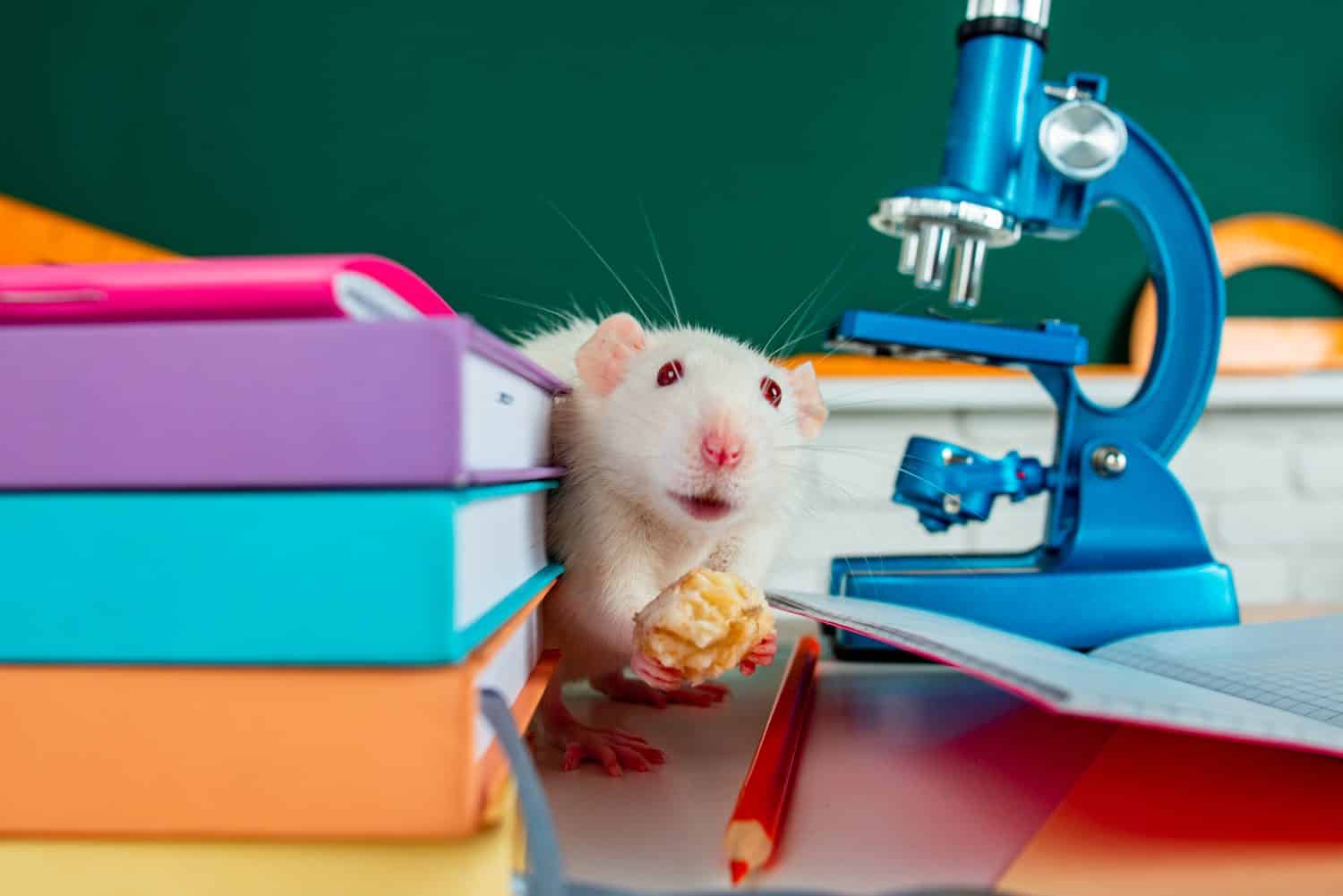 Laboratory rat. Funny white rat mouse in classroom. White test rat sitting on microscope. Laboratory rat in a lab. Concept - testing of drugs, vaccines, laboratory animals. Humanity genetic studies
