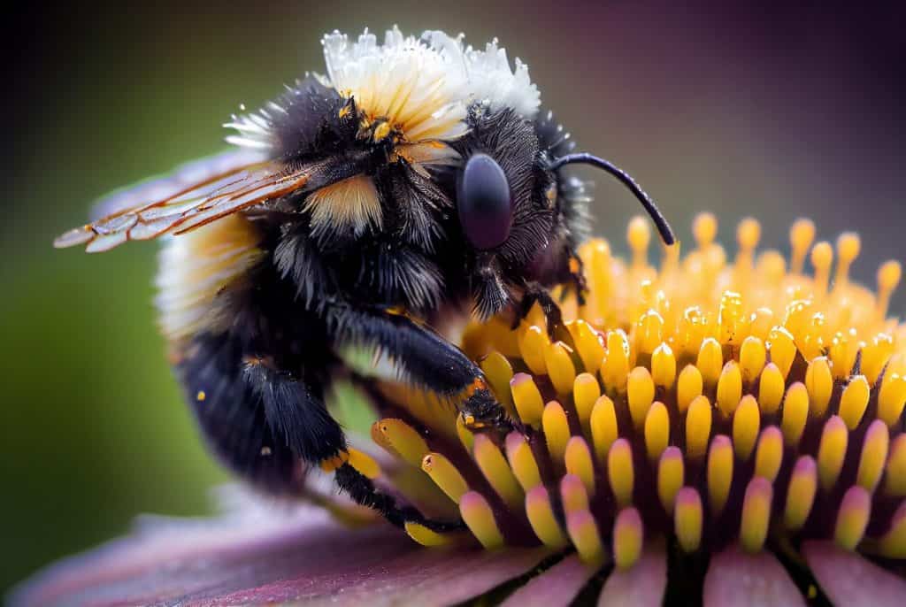 Bumblebee on a flower macro. Bumblebee collects flower nectar