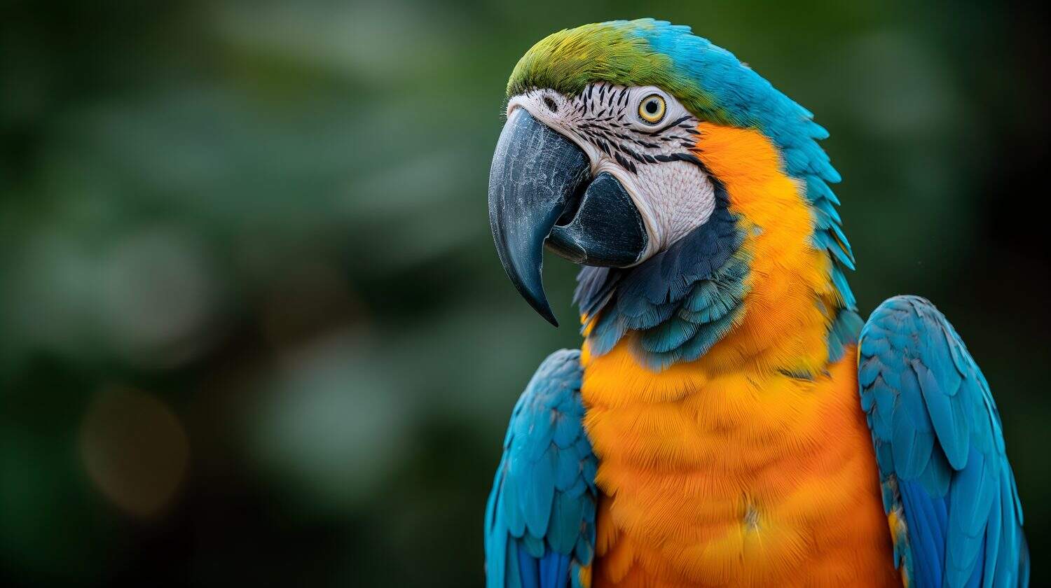 A close-up portrait of a Macaw parrot, focusing on its detailed, colorful feathers and striking eyes. The background is blurred, emphasizing the bird's vivid colors and intricate feather patterns. 