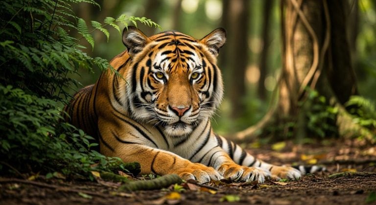 Majestic Bengal Tiger Resting in Lush Jungle Habitat