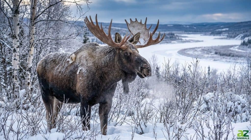 A large bull moose with broad antlers stands in deep snow, with visible breath, surrounded by snow-covered trees and a frozen river in a vast winter landscape.